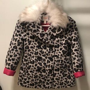 Girls snow leopard pea coat.  Pink satin lining/cuffs. Fur collar. Worn once.